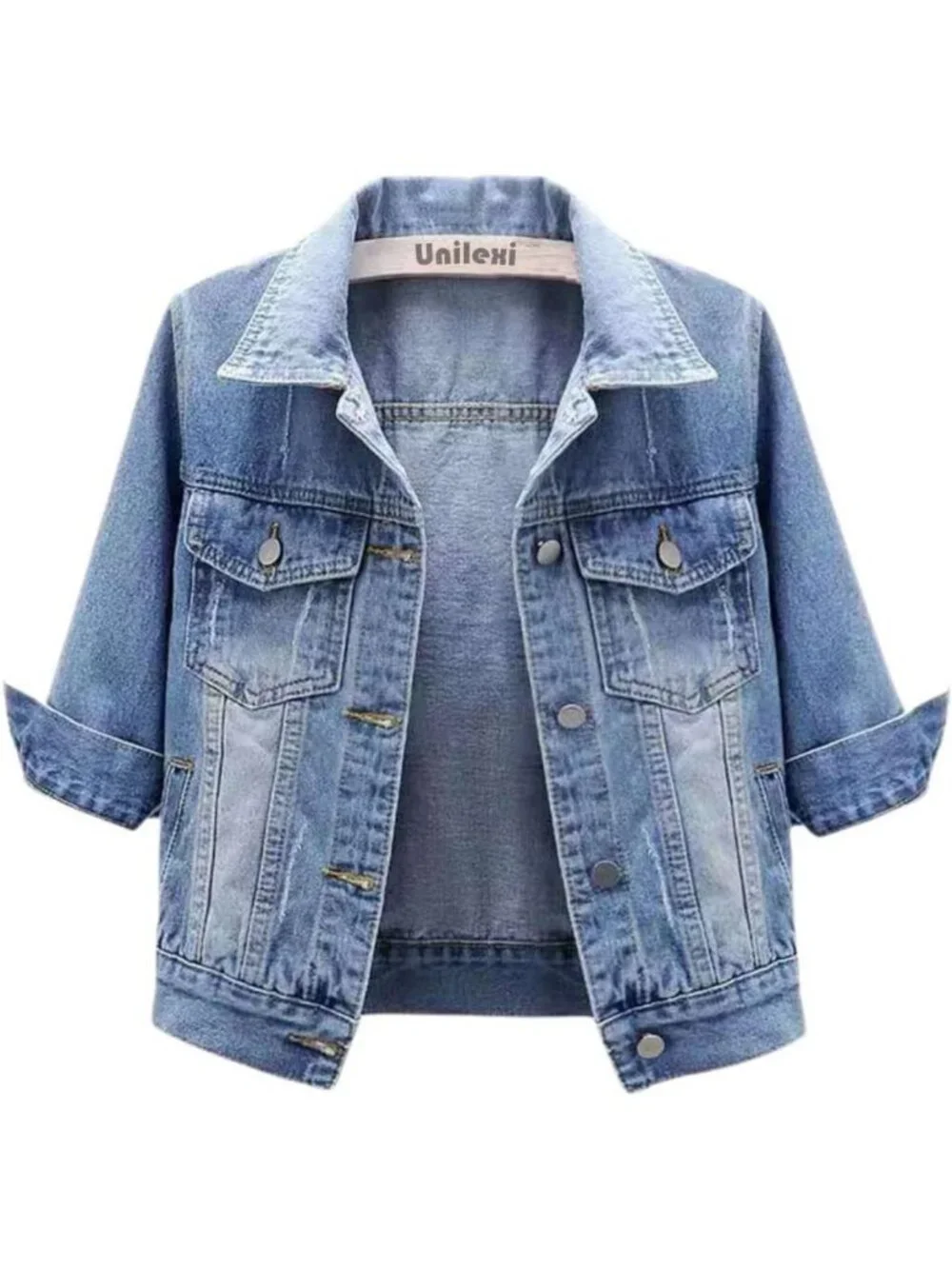 Stylish Women's Light Wash Cropped Denim Jacket with 3/4 Sleeves - Trendy